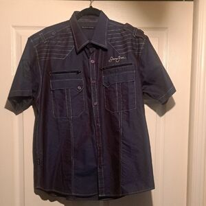 Sean John Purple Short Sleeve Dress Shirt with White Designer Stitching